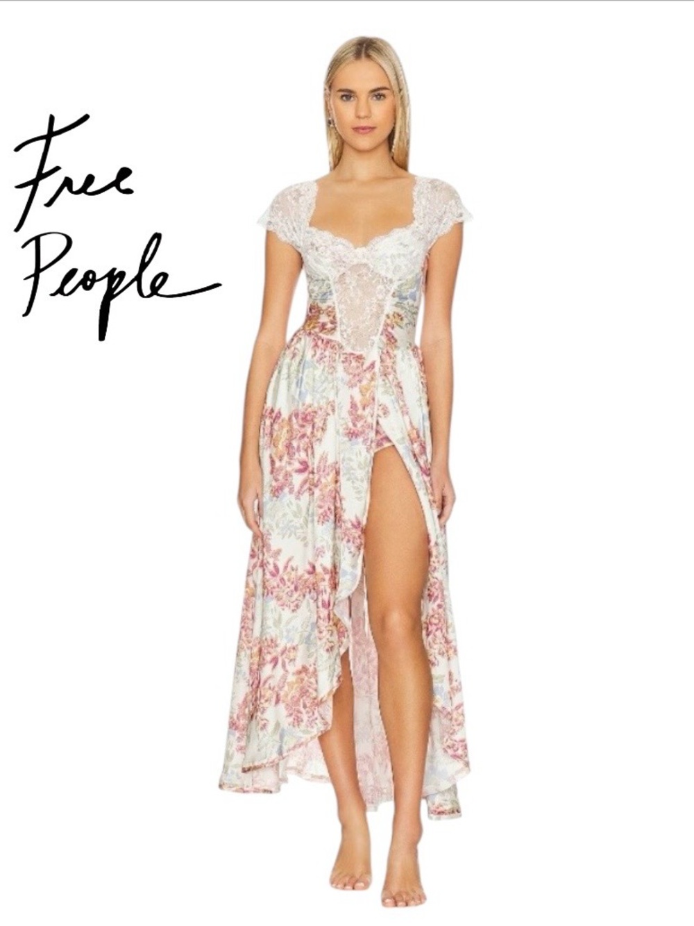 Free People Ivory Floral Lace-Trim Maxi Dress with Pink & Green Print
